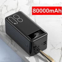 80000mAh Power Bank Built in Cable Portable Charger External Battery Pack Powerbank for iPhone 12 11 iPad Macbook Phones Tablets