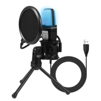 Professional Wired Microphone with Tripod Stand PC Condenser Mic RGB USB Recording Gaming Microphone for Computer Laptop Desktop