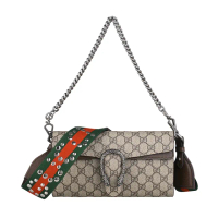 【GUCCI 古馳】GUCCI Dionysus系列復古雙G LOGO印花PVC拼牛皮雙虎頭搭磁釦式肩背斜背酒神包(小/米x烏木棕)