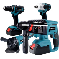 Power Tool Set 4 in 1 21V Brushless Li-ion Battery Cordless Drill Hammer Wrench Electric Tool Set