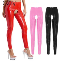 Womens Sexy Clubwear Bar Disco Pole Dance Party Shows Costume High Waist Latex Skinny Pencil Pants Leather Crotchless Leggings