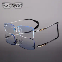 Titanium Eyeglasses Men Rimless Prescription Reading Myopia Photochromic Progressive Glasses Big Wide Spectacle with Color Lens