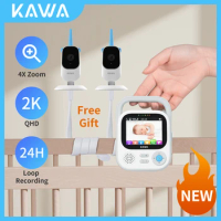 KAWA 2K QHD Baby Monitor with 2 Cameras and Audio Wireless Electronic Camera Video Intercom 24 hours Recording Storage 4X Zoom