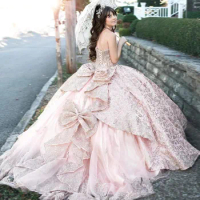 Lorencia Mexican Pink Quinceanera Dress Ball Gown With Jacket Appliques Beading Bow Sweet 16 Dress Vestidos XV 15 Años YQD466