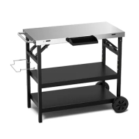 Grill Cart, Rolling Outdoor Grill Table Kitchen Island with 3 Shelves and Spice Rack, Dining Cart Table with Garbage Bag Holder