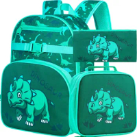 3PCS Dinosaur Backpack, 16” Boys Preschool Bookbag with Lunch Box, Cute Elementary Dino Backpacks for Kids Boy