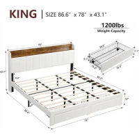 Upholstered Bed Frame King Size With Headboard Under Bed Storage No Box Spring Needed/Noise Free/Heavy Duty/White Platform Queen