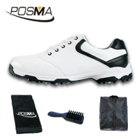 高爾夫球鞋 男款球鞋 防側滑釘鞋 防水 Golf鞋子   GSH051白 黑  配POSMA鞋包 2合1清潔刷   高爾夫球毛巾