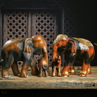 泰國門廳裝飾品實木擺件東南亞木雕子母大象大廳招財手工藝品擺設