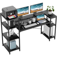 Computer desk with storage rack, 63 inch large industrial office desk, study desk, workstation with printer stand and bookshelf