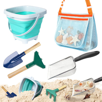 5 Pcs Sand Toys Beach Set Include 2 Metal Shovels1 Foldable Beach Bucket & 1 Sand Sifter with 1 Mesh