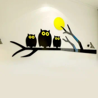 Acrylic Owl 3D Sticker Cartoon Animal DIY Black Mirror Surface Stickers Home Decor Kawaii Owl Wallpaper Room Wall Decoration