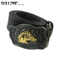 Bullzine zinc alloy western horse head belt buckle with gold and pewter finish with PU belt with connecting clasp FP-03706