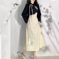 Vintage Ethnic Style Traditional Hanfu Dress Long Sleeve Women Oriental Embroidery Han Dynasty Festival Folk Dance Costumes