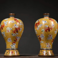 12"Tibetan Temple Collection Old Bronze Cloisonne Enamel bat figure longevity Vase Pot Bottle A pair Ornaments Amass wealth