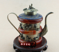 古玩雜項銅壺酒壺十二生肖白銅包玉水壺茶壺擺件 家居工藝品擺設1入