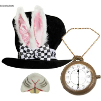 Women Men White Rabbit Cosplay Costume Top Hat Bunny Ears Nose and Clock Fancy Dress Costume Outfit Accessory