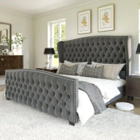 King Size Bed Frame, Velvet Upholstered Beds with Deep Button Tufted &amp; Nailhead Trim Wingback Headboard, King Bed Frame