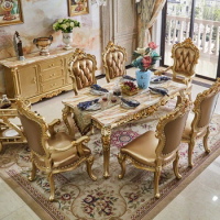 marble top dining table set solid wood luxury round dining table set 6 chairs,elegant gold dining room table set luxury marble