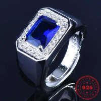S925 Sterling Silver color Sapphire Ring for Men Soild Silver 925 Jewelry Pure Green Emerald Gemstone Bizuteria Wedding Ring Box