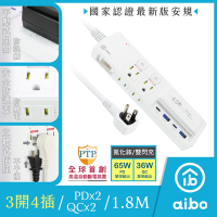 aibo GaN氮化鎵 3開4插 PD65W快充USB延長線(1.8米)