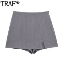 TRAF Slit Grey Mini Skirt Pants Woman High Waist Striped Skort For Women Fashion Casual Short Skirts Spring A Line Women'S Skort