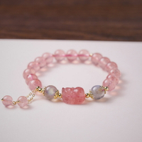 天然草莓晶手鏈女桃花朵朵開小眾閨蜜學生粉色珠子水晶手串批發