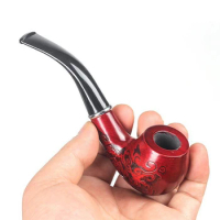 1pc, Solid Wood Resin Tobacco Pipe Red Pattern Carving Smoke Pipe Elbow Roll Filter Cigarette Holder Herb Grinder Smoking Tools