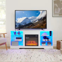 Modern White/Black TV Stand with Glass Shelves, 3D Fireplace, LED Lights, USB Charging Outlet, Fits TVs up to 32-65 Inches