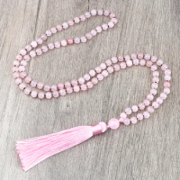 Pink Quartz 108 Beads Necklace Fashion Women 6mm Natural Stone Crystal Tassel Long Necklaces Meditation Yoga Spirit Mala Jewelry
