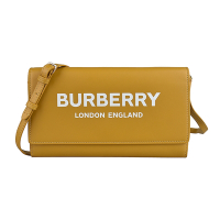BURBERRY 巴寶莉  Hazelmere白字LOGO牛皮12卡釦式斜背長夾(芥末黃)