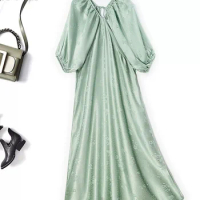 BirdTree, 25MM Natural Silk Elegant Dresses, Women V-Neck Jacquard Puff Sleeve, Fashion Loose OL Dress, 2024 Summer New D45233QM