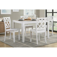 Classic Transitional 5pc Dining Set White Finish Dining Table and Four Side Chairs Set Lattice-Back Wooden Dining Furniture Set