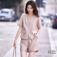 初色 V領短袖盤扣新中式外套女外套+純色中腰休閒褲寬褲短褲-藕粉色-11698(M-XL可選)