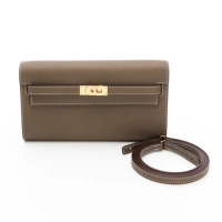 【Hermes 愛馬仕】Kelly to Go 皮革金屬扣長夾/斜背兩用(象灰/金)