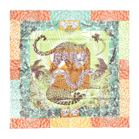 【Hermes 愛馬仕】Jungle Love stamped 70 cm手工捲邊斜紋真絲方巾(綠/橙/棕)