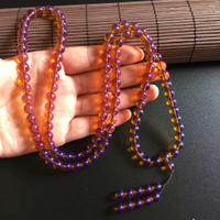 二代仿紫羅蘭108佛珠手鏈浮水熒光黑底自然光變色琥珀多圈手鏈