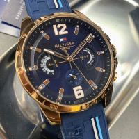 【Tommy Hilfiger】湯米希爾費格男錶型號TH00007(寶藍色錶面玫瑰金錶殼寶藍矽膠錶帶款)