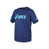 ASICS 男女運動排汗T恤- 台灣製 慢跑 路跑 短袖 上衣 亞瑟士 K31415-50 丈青水藍