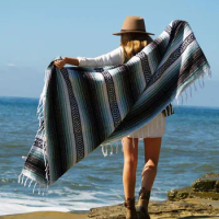Mexican Shawl Blanket Oversized 55*70in cotton Woven Fringe Picnic Mat Yoga Summer Cushion Swimming Travel Blanket