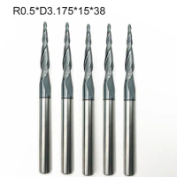 5PCS R0.5*D3.175*15*38L*2F HRC55 HRC55 Tungsten solid carbide Tapered Ball Nose End Mills and cone CNC Milling cutter