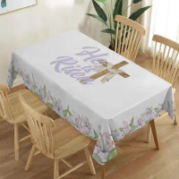 He Is Risen Tablecloth Easter Spring Holiday Decor Christian Cross Flower Farmhouse Party Home Kitchen Dining Room Table Decor