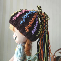 Blythe hat Brown dirty pigtail hand woven wool hat (Fit blythe、qbaby Doll Accessories)