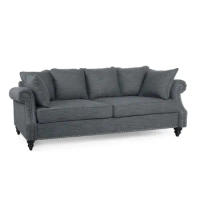Fabric Pillow Back 3-Seater Sofa with Nailhead Trim, Charcoal and Dark Brown Sofas for Living Room