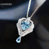 LUOWEND 18K White Gold Necklace Luxury Diamond Romantic Design Real Natural Aquamarine Necklace for Women Senior Banquet