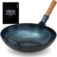 Blue Carbon Steel Wok - Preseasoned Carbon Steel Skillet - Traditional Japanese Cookware for Electric Induction Cooktops Woks