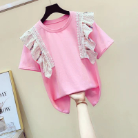 Lace Ruffled Cotton Short Sleeve T-shirt Female 2023 Summer New Korean Style Women T Shirts Solid Color Women Clothing