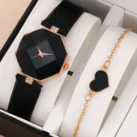 Advanced Women Watch Fashion Digital Quartz Watch Relojes Para Mujer Faux Leather Strap Bracelet Black Luxury Set นาฬิกาข้อมือ