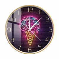 Ice Cream Shiny Neon Light Color Printed Wooden Frame Wall Clock Ice Cream Parlor Decor Business Display Clock Silent Wall Watch