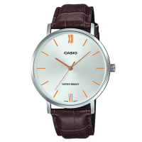 【CASIO 卡西歐】簡約時尚指針男錶 皮革錶帶 銀白色錶面 棕色錶帶 日常生活防水(MTP-VT01L-7B2)